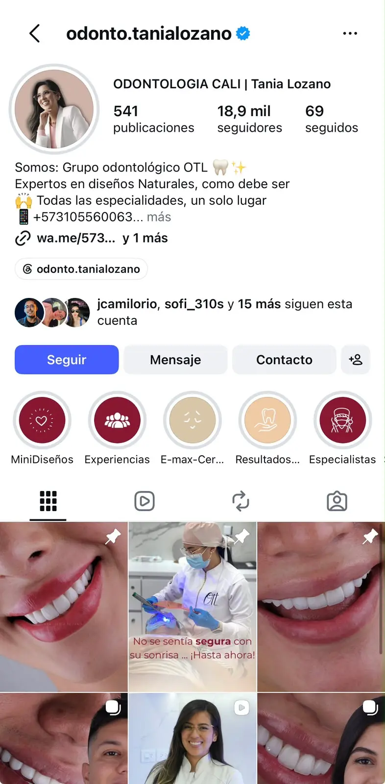 Parte superior del perfil de Instagram de Odontolog&iacute;a Tania Lozano