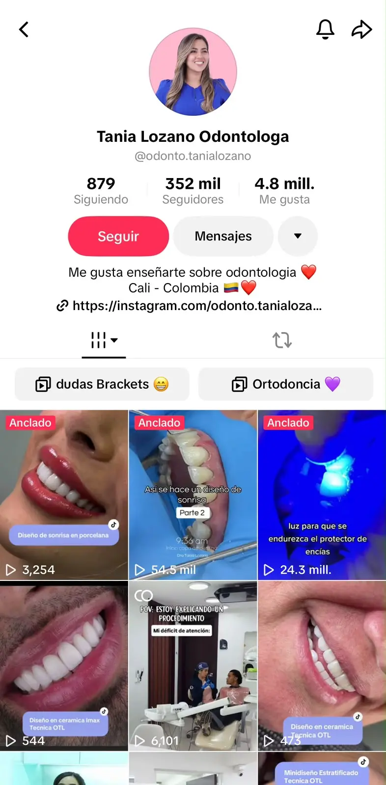 Parte superior del perfil de TikTok de Odontolog&iacute;a Tania Lozano